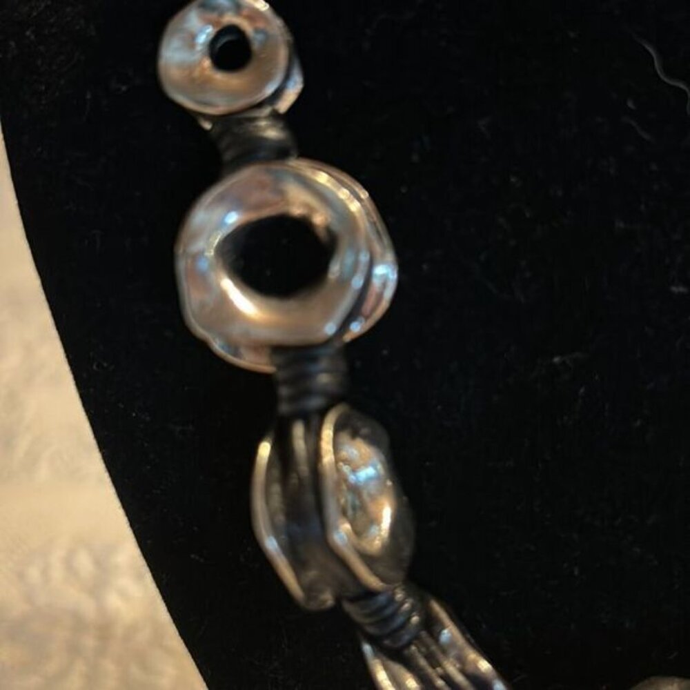 Chunky Black Cord Necklace With Silver-Tone Metal Beads Unique Button Accent - Picture 3 of 4